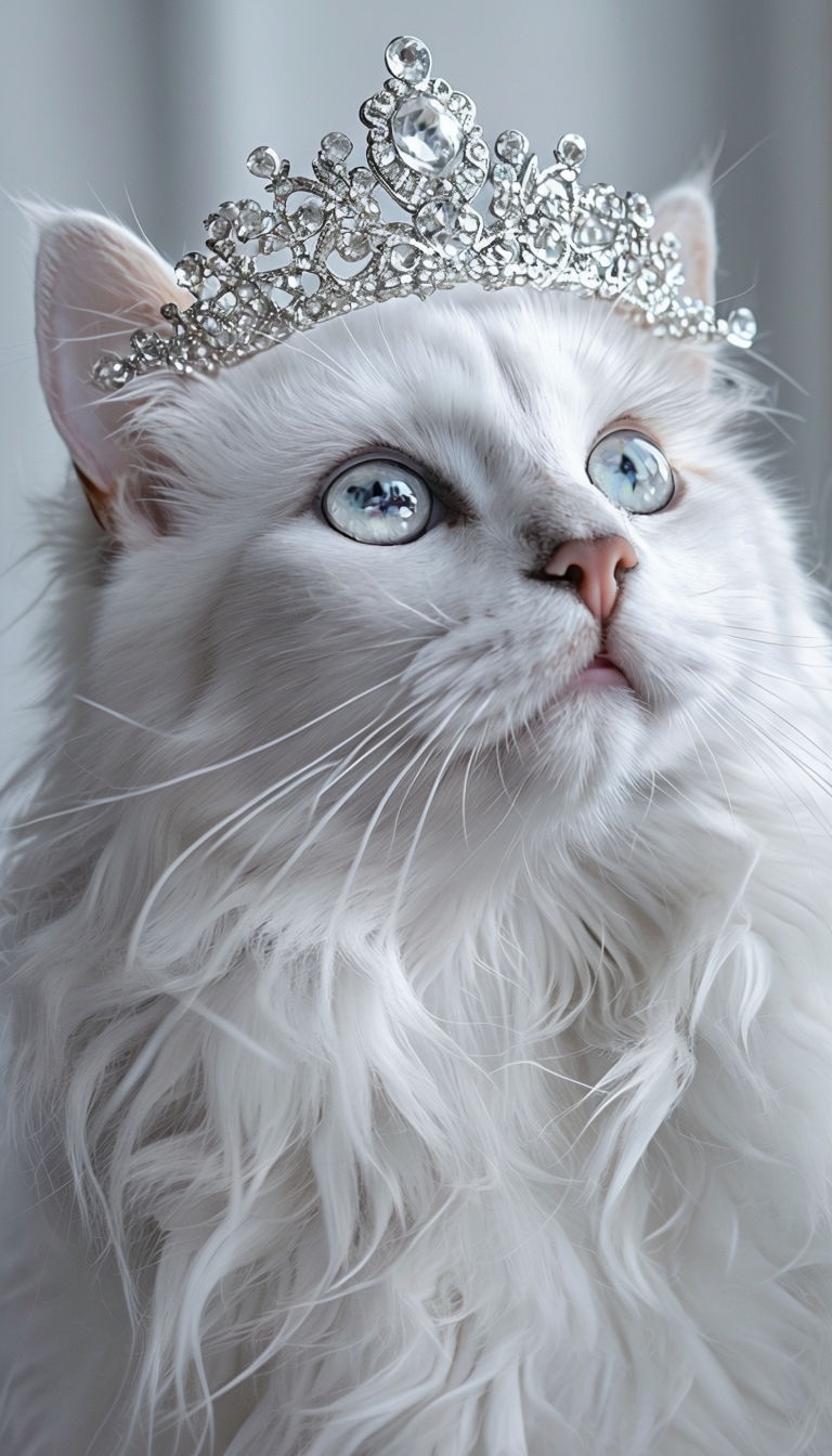Regal White Cat Portrait with Tiara and Silver Eyes Mobile Wallpaper