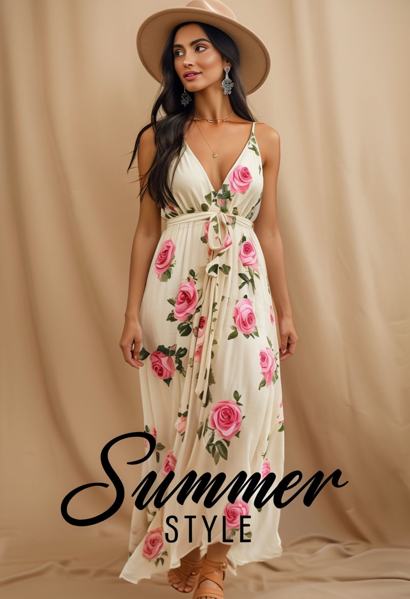 Elegant Summer Style Fashion Model in Floral Maxi Dress Social Media Post