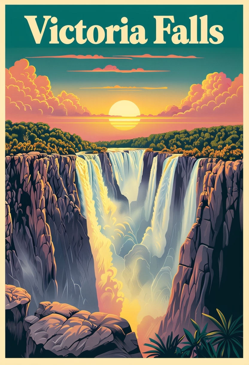 Vibrant Sunset at Victoria Falls Travel Illustration Poster