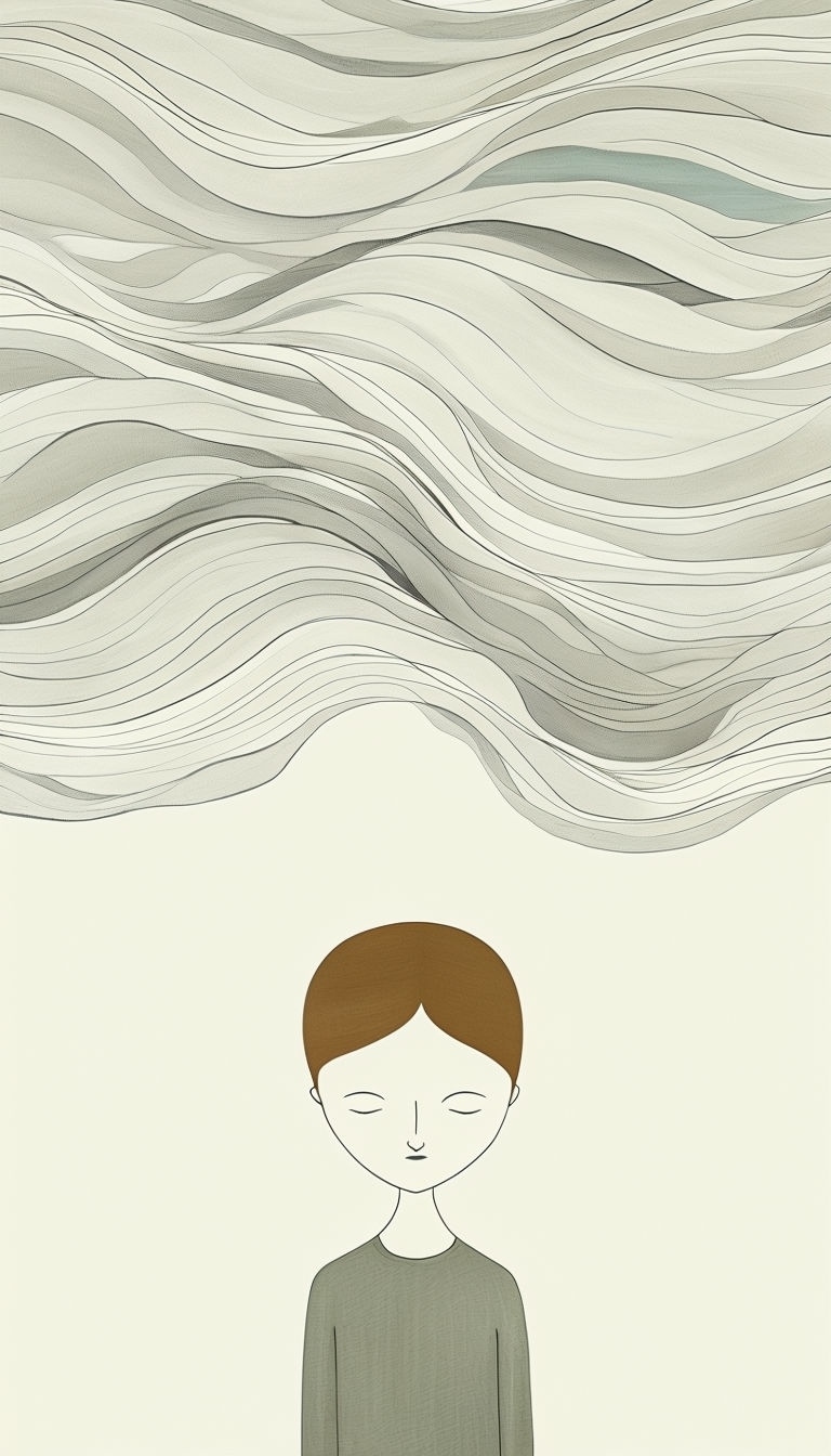 Minimalist Contemplative Figure with Wavy Background Art