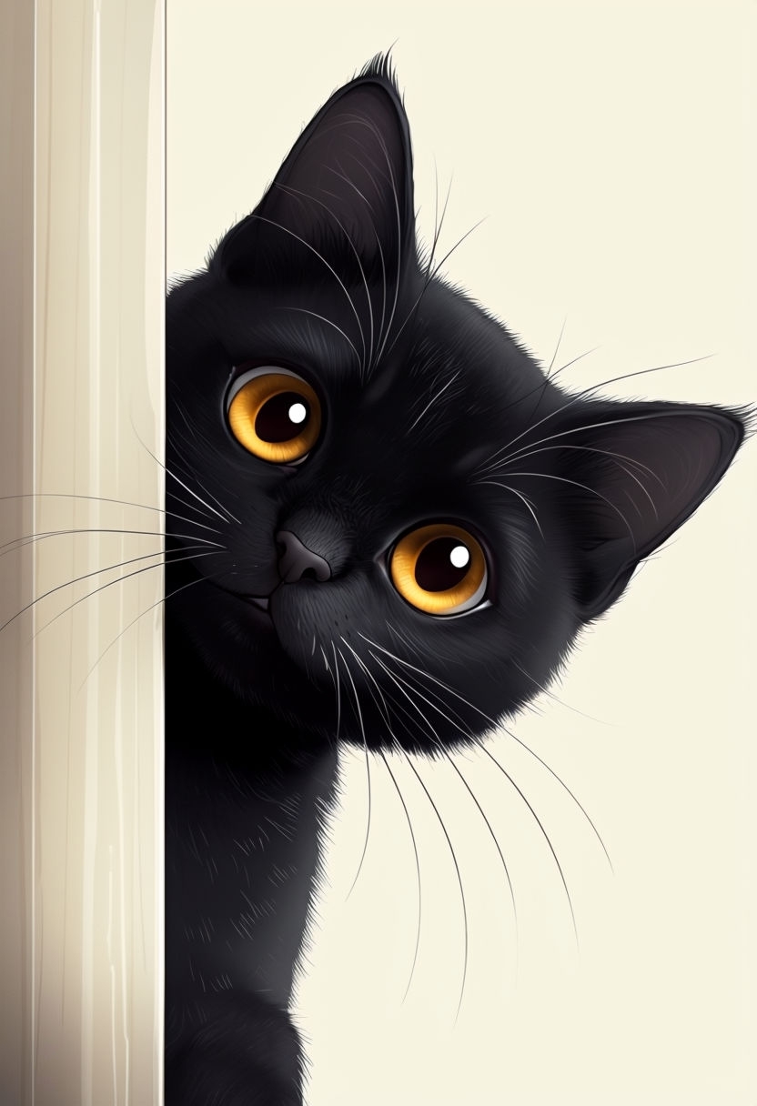 Adorable Black Cat Peeking Illustration with Bright Amber Eyes Mobile Wallpaper