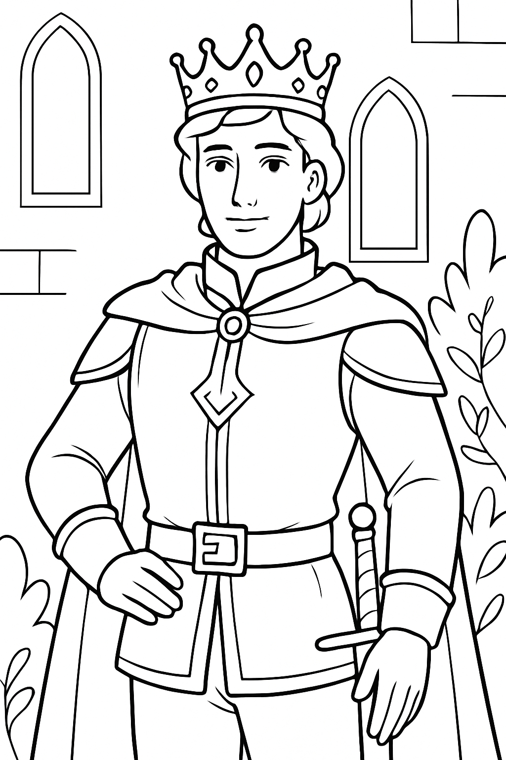 Regal Young Knight Standing Before Gothic Castle Wall Coloring Book Pages