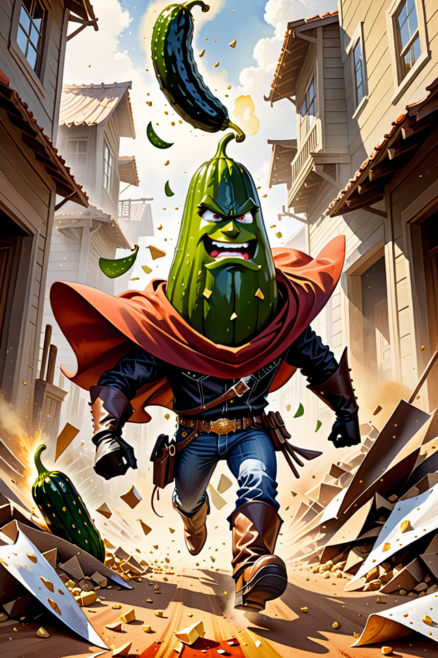 Cartoon cowboy paprika pickle chasing villain pickle by Jacek “Jacenty