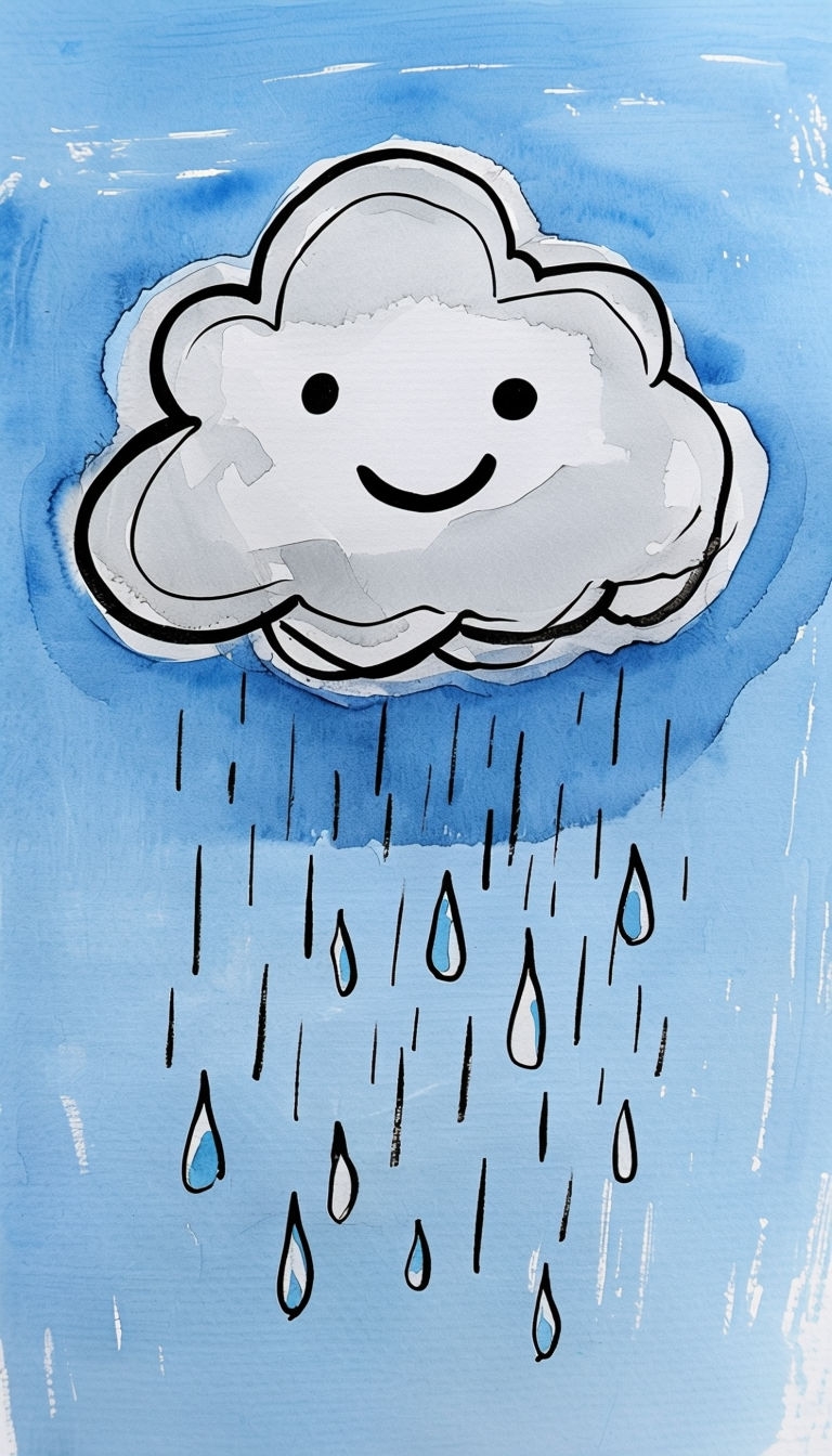 Smiling Cloud with Raindrops Naive Watercolor Illustration Mobile Wallpaper