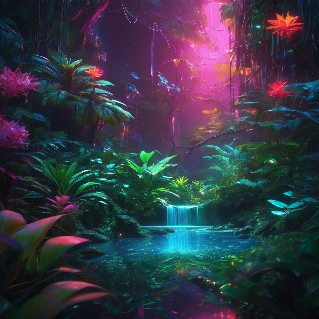 A neon-lit jungle with glowing flora and fauna by Wiki - Playground