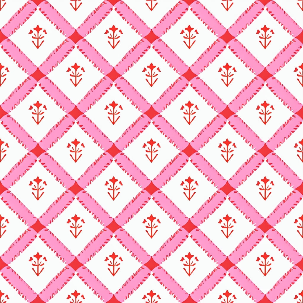 Vibrant Pink Diamond Floral Pattern with White Shapes Seamless Pattern