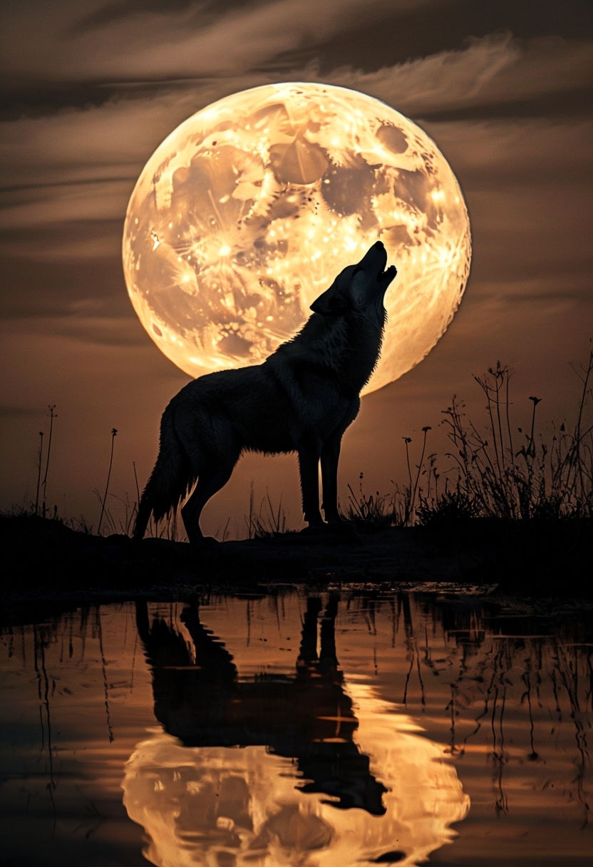 Ethereal Wolf Howling at Full Moon Night Scene Art