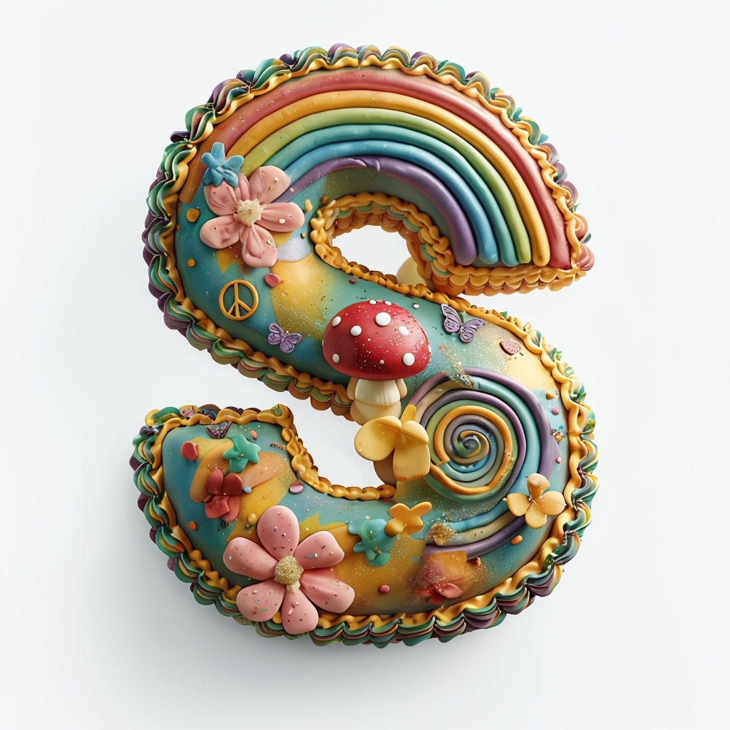 Whimsical 3D Rainbow 'S' Cake Illustration for Celebrations Sticker