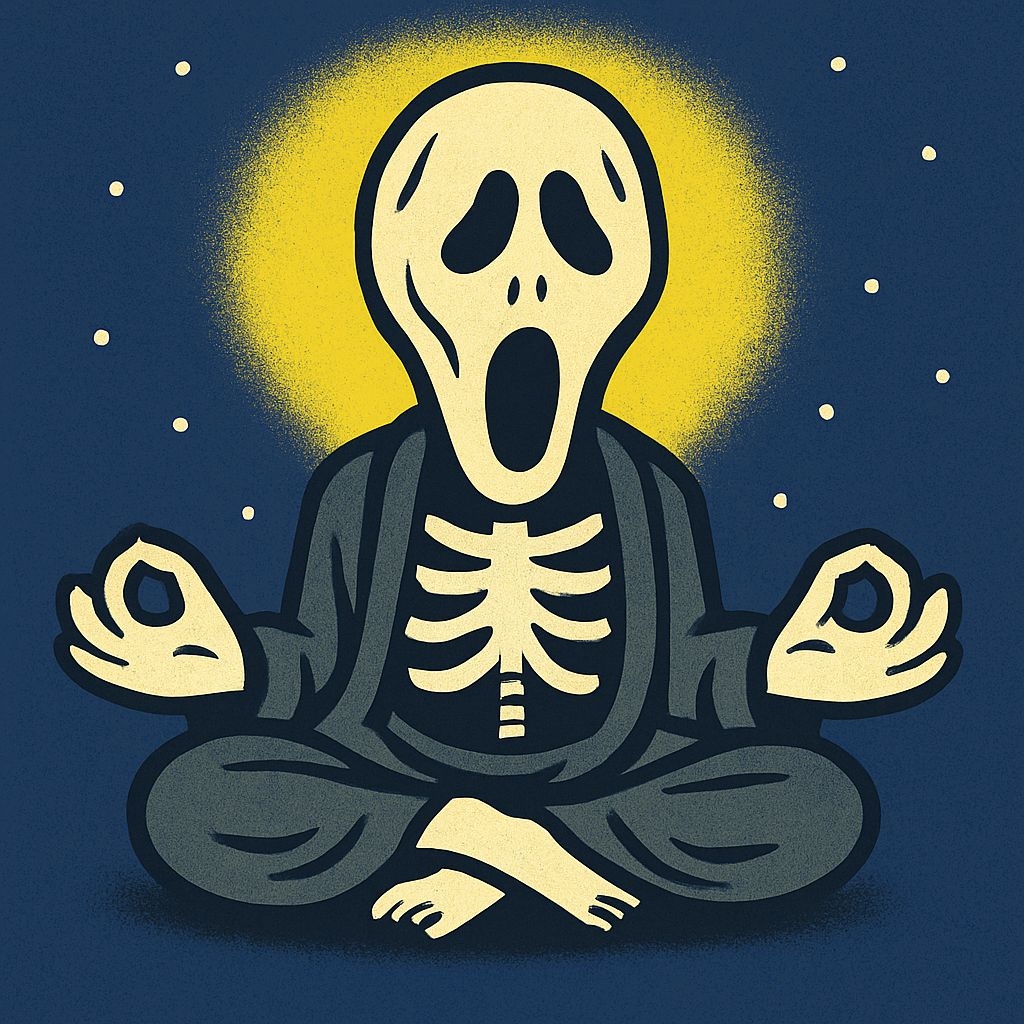 Meditative Skeleton with Scream Mask and Halo Illustration Art