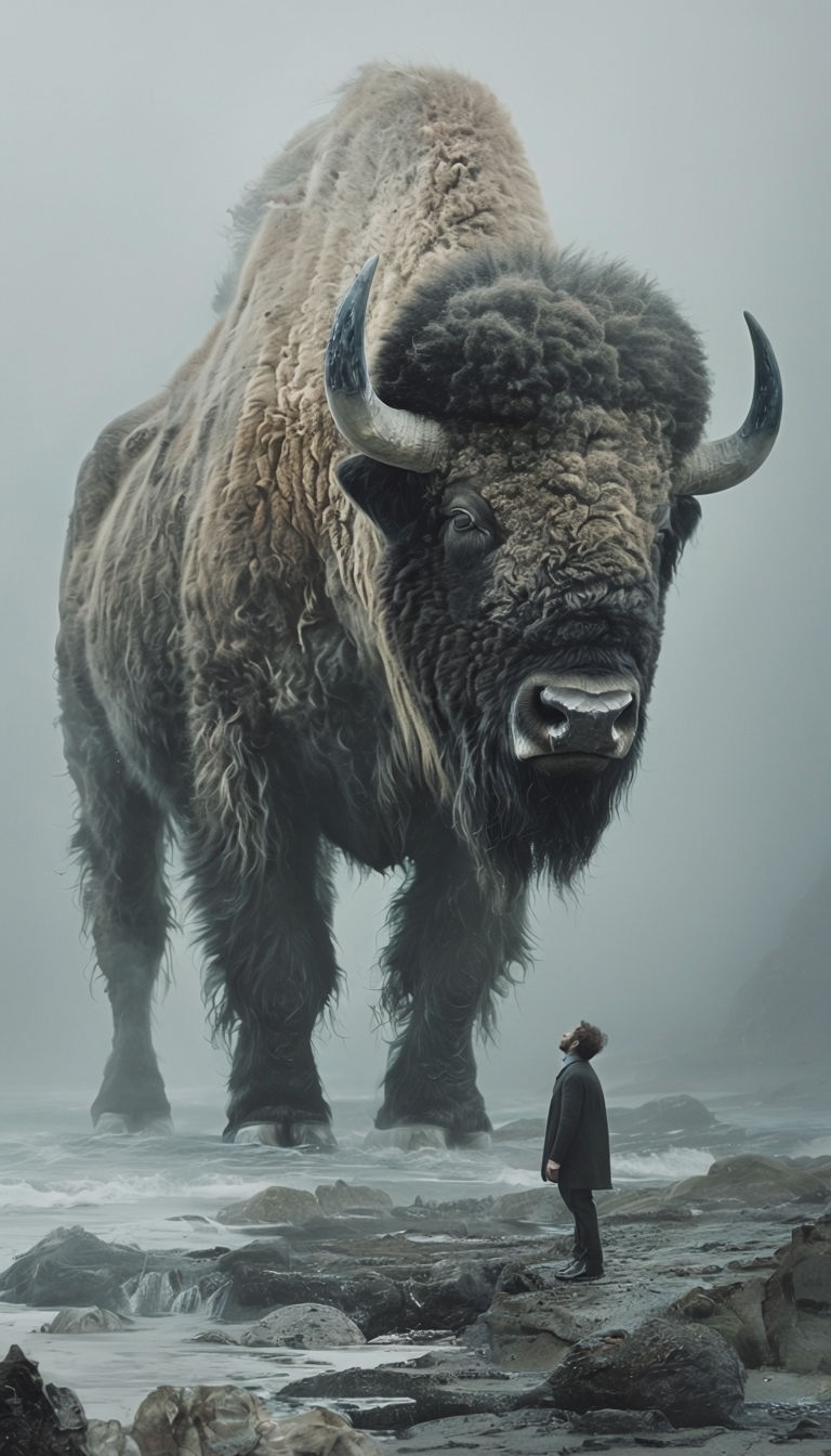 Surreal Bison Encounter in Misty Coastal Landscape Mobile Wallpaper
