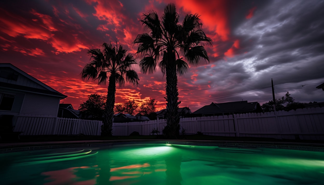 Dramatic Evening Backyard Pool with Vivid Sunset Sky Virtual Background