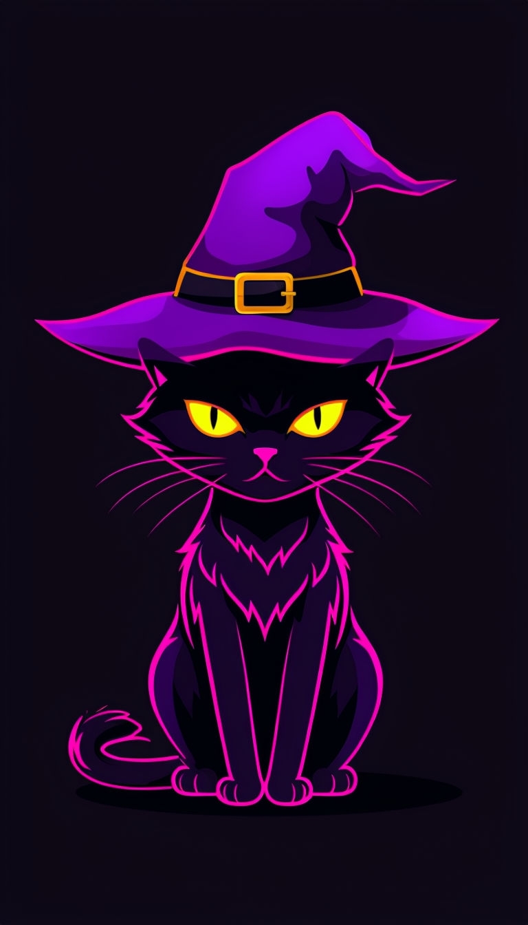 Whimsical Black Cat in Neon Pink Witch Hat Mobile Wallpaper