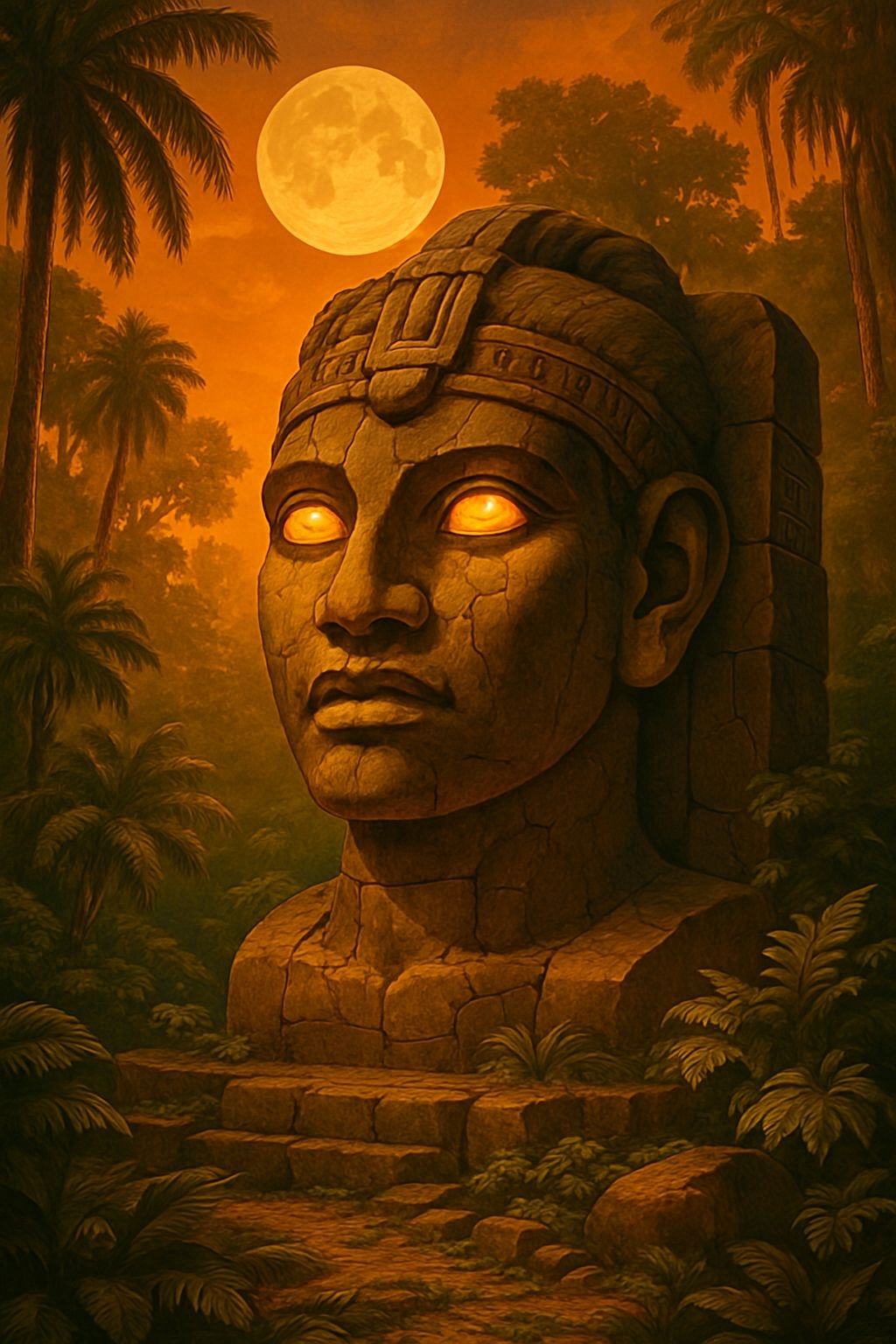 Eerie Ancient Statue Head in Tropical Forest Mobile Wallpaper