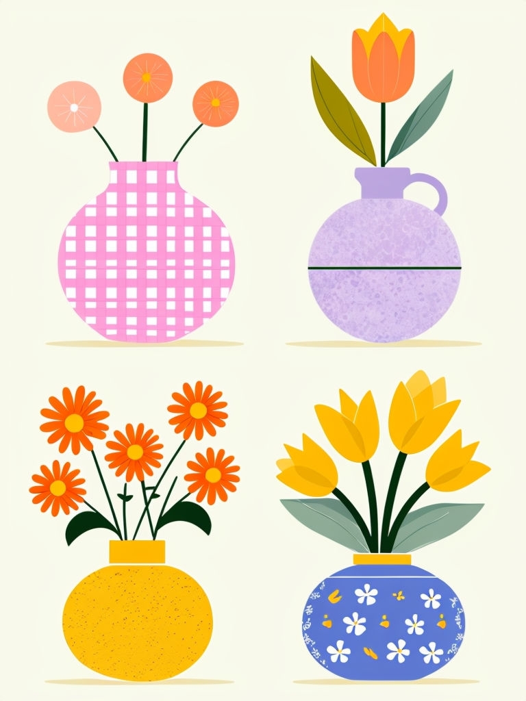 Cheerful Stylized Vases with Bright Flowers Illustration Poster
