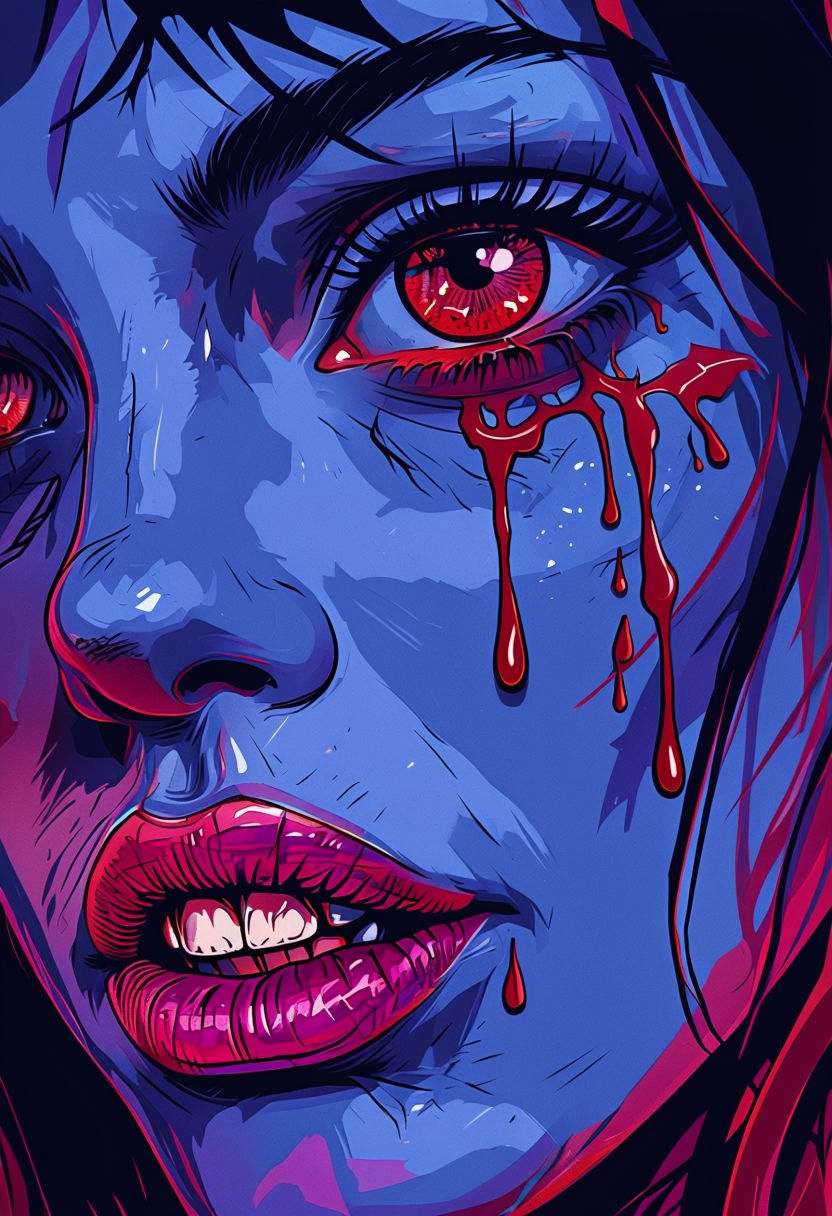 Dramatic Neon Woman's Face Illustration with Blood Tears Art