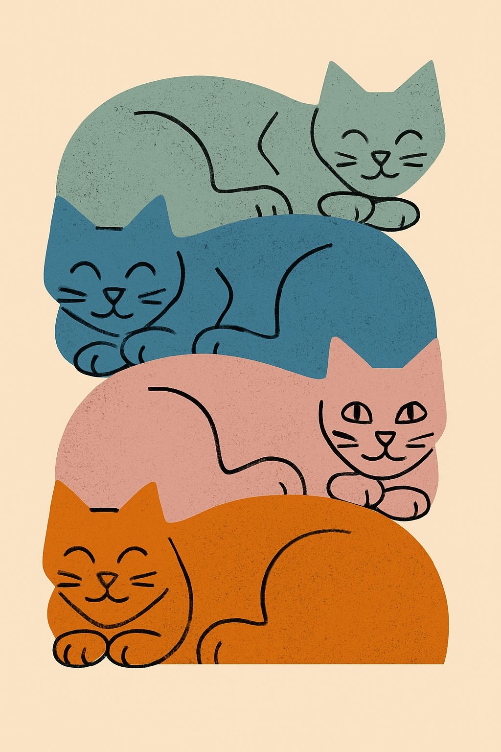 Playful Minimalist Stacked Cats Illustration Poster