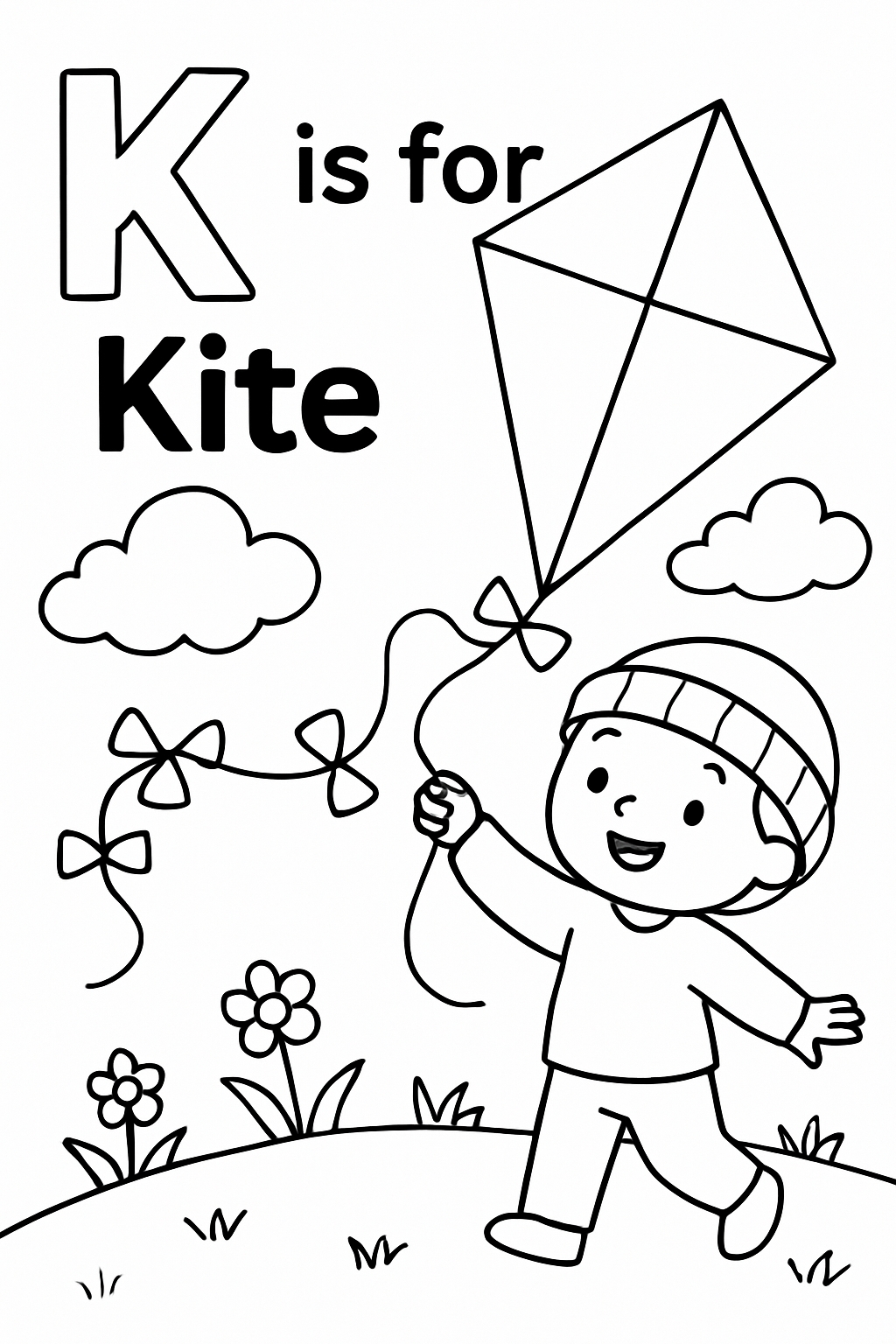 Cheerful Young Child Flying Kite with 'K is for Kite' Theme Coloring Book Page