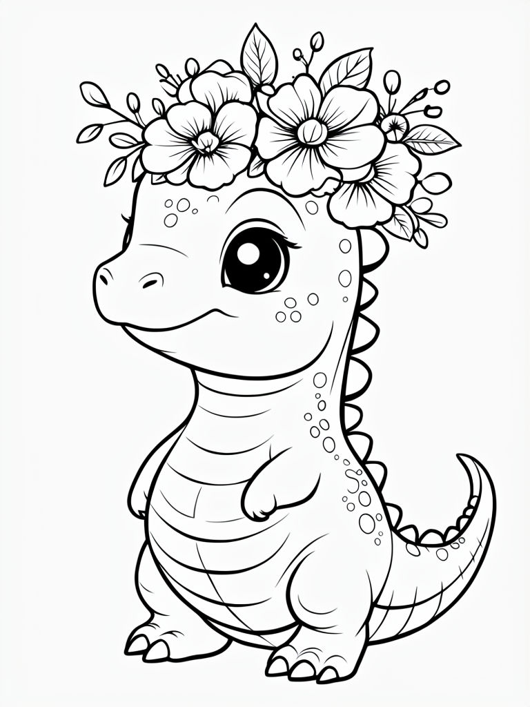 Adorable Dinosaur with Floral Crown Line Art for Coloring Book Pages