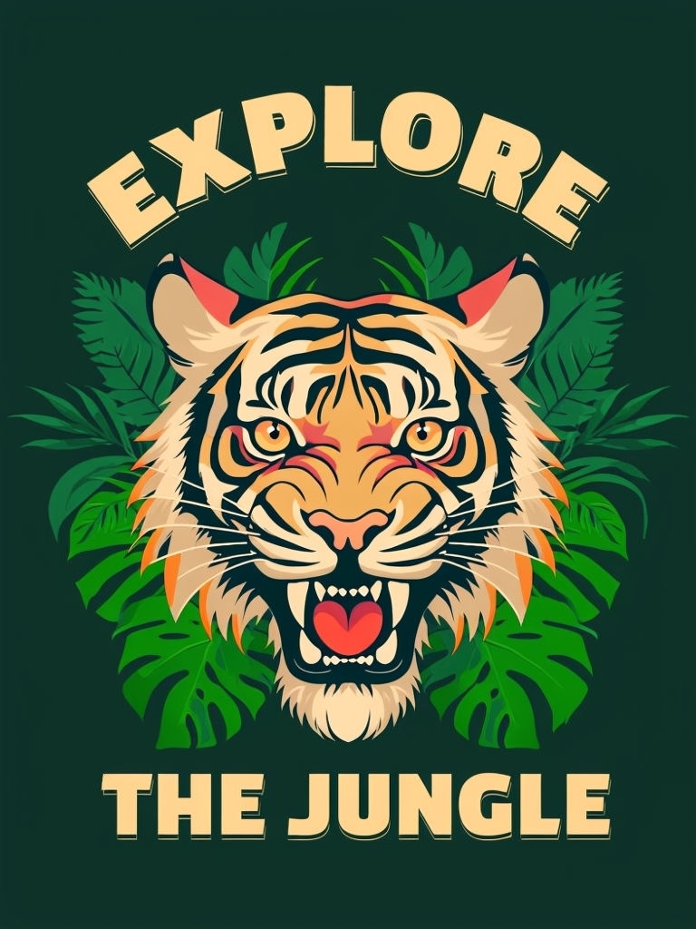 Dynamic Tiger Face with Explore The Jungle Typography T-Shirt