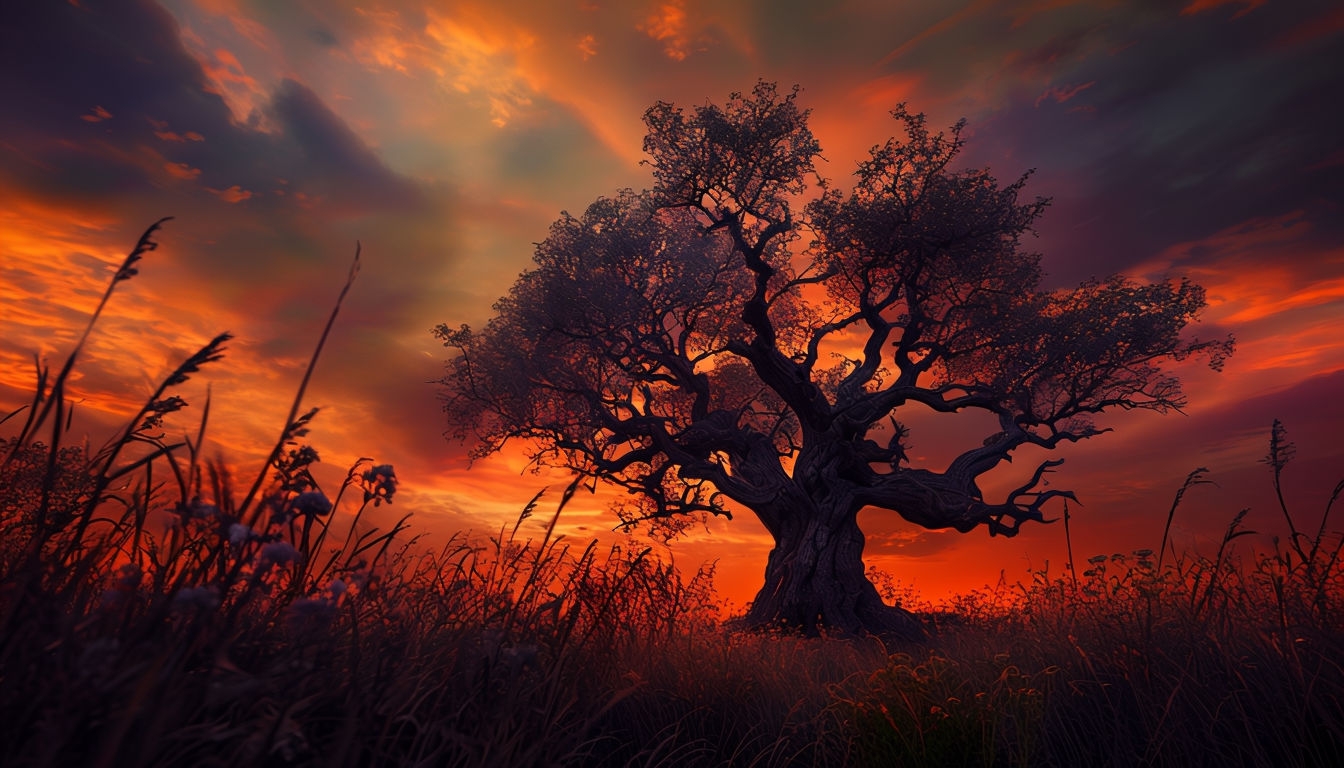 Dramatic Twilight Oak Tree Silhouette with Vibrant Sky Virtual Backgrounds