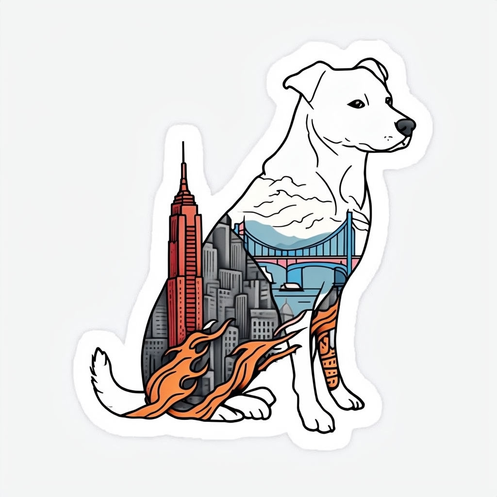 Tattoo-Inspired White Dog with Cityscape Design Sticker