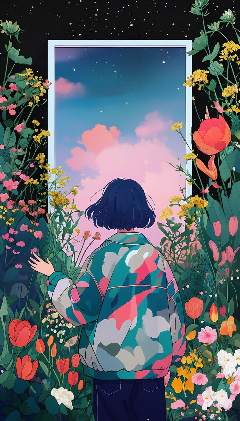 Young Person Surrounded by Floral Landscape and Cosmic Sky Mobile Wallpaper