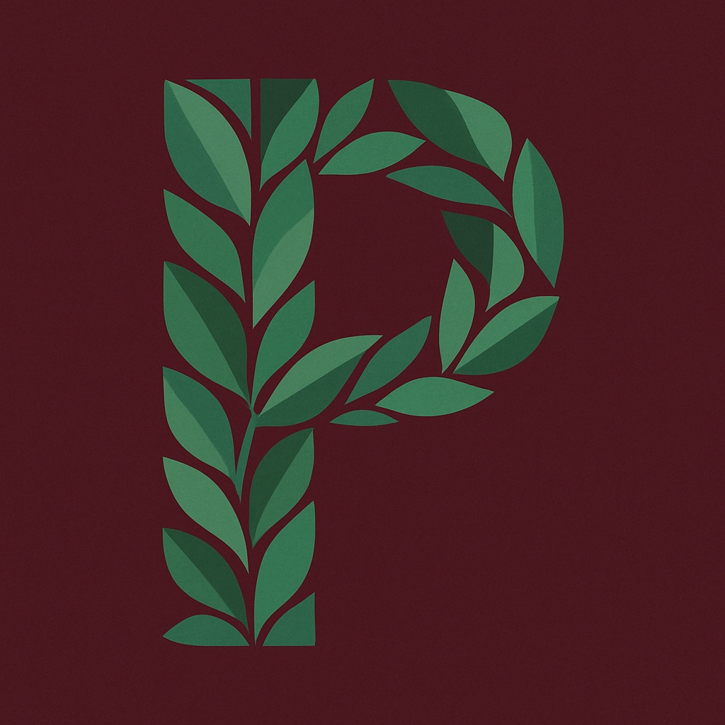 Stylized Green Leaf Letter P on Maroon Background Monogram