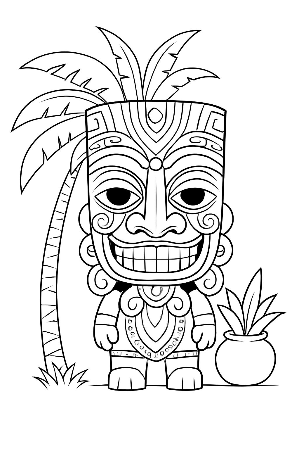 Traditional Polynesian Tiki Statue Line Drawing for Coloring Book Pages