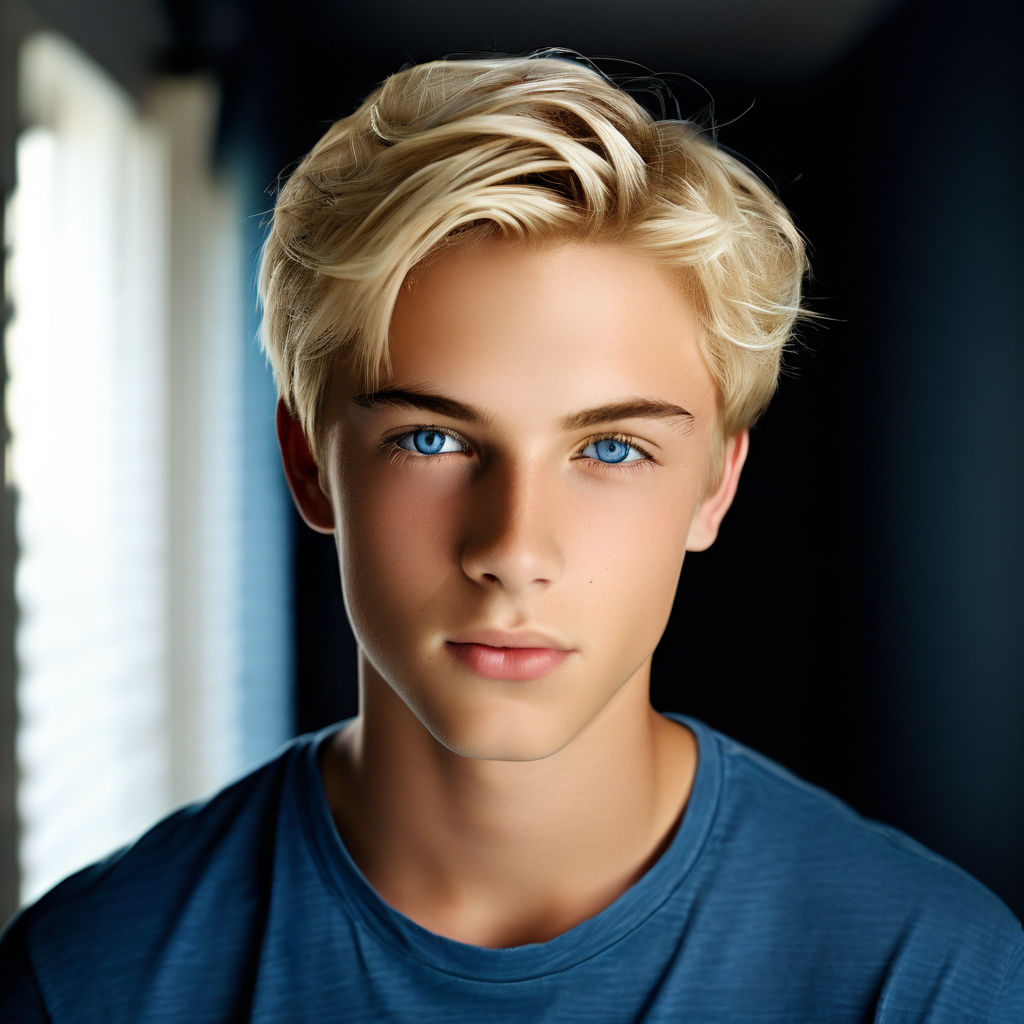 teen boy with short blond hair and blue eyes