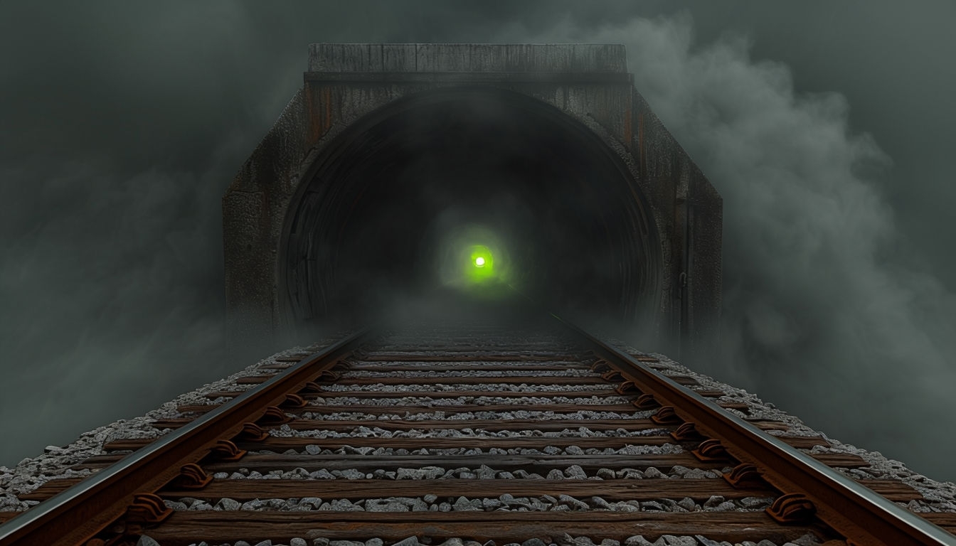 Mysterious Train Tracks Leading to a Foggy Tunnel Virtual Background
