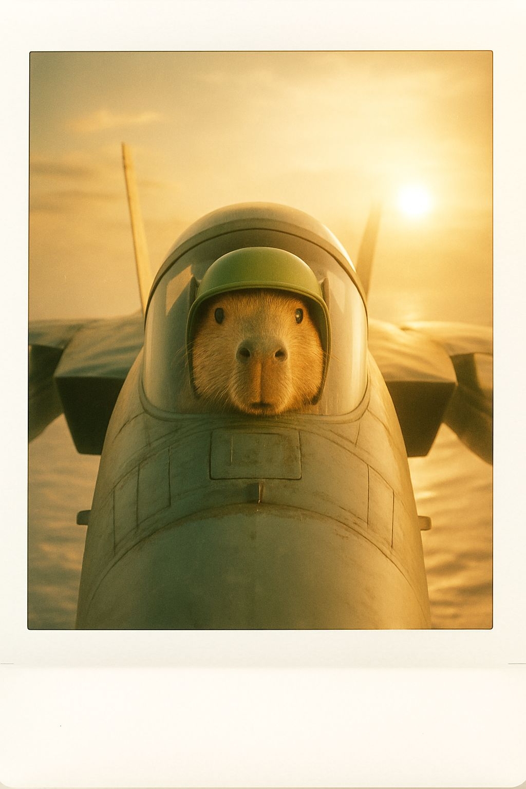 Whimsical Capybara Pilot in Olive Green Military Jet Photograph Art