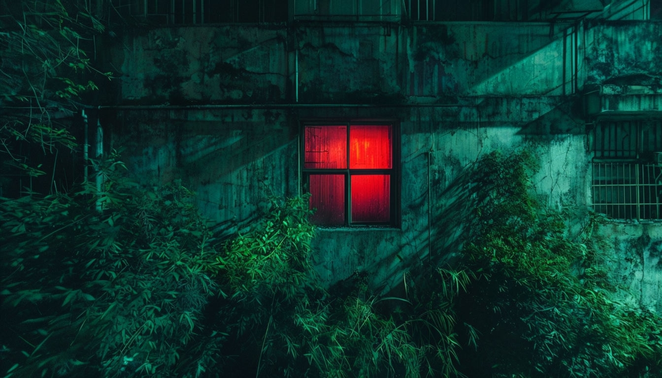 Eerie Abandoned Building at Night with Red Glow Virtual Backgrounds