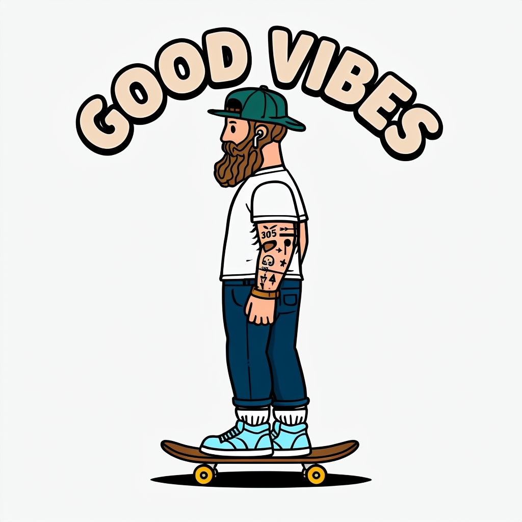 Cartoon Bearded Man on Skateboard with Good Vibes T-Shirt