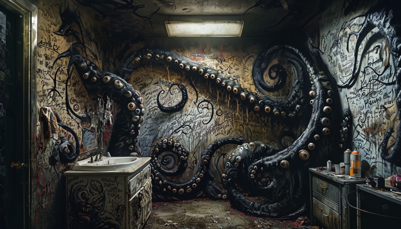Eerie Cluttered Bathroom with Macabre Art Virtual Background
