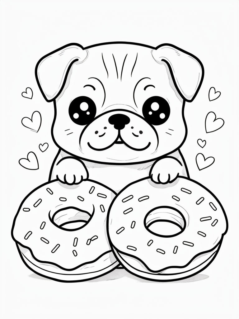 Cute Cartoon Pug with Donuts and Hearts Coloring Page