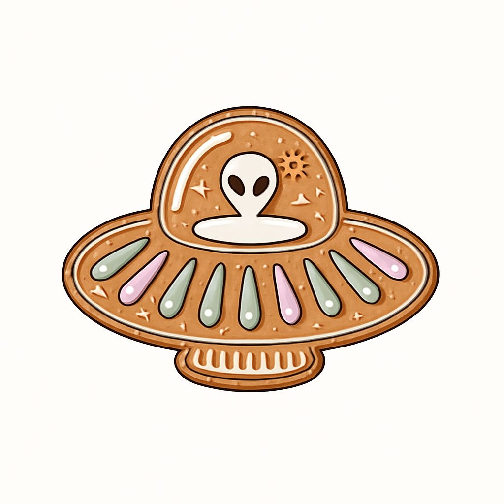 Whimsical Alien UFO Cookie Illustration with Stars Sticker