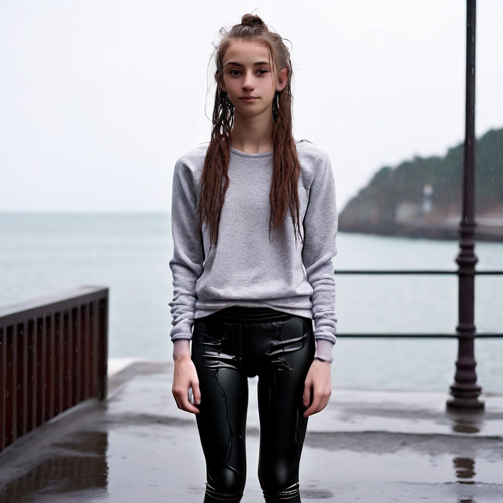 girl with a beautiful face in skintight wet jeans in sea