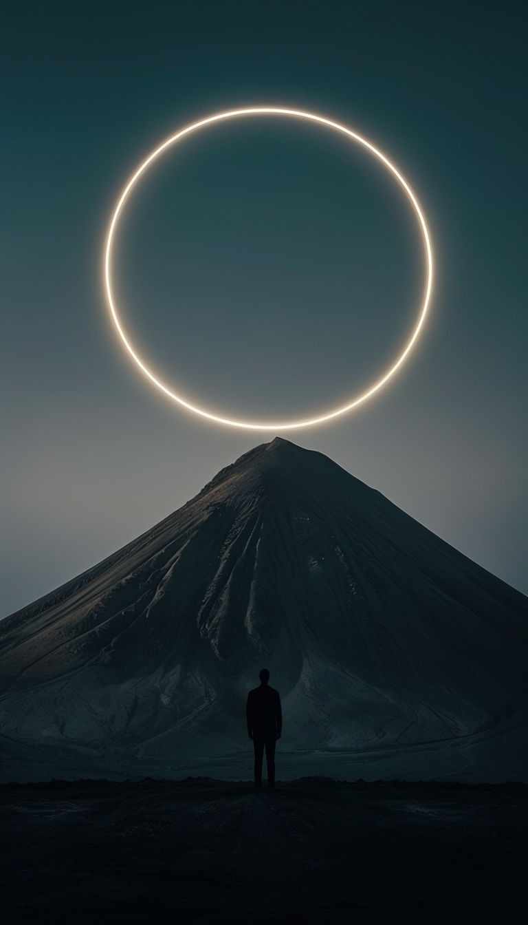 Serene Surreal Mountain Landscape with Glowing Halo Mobile Wallpaper