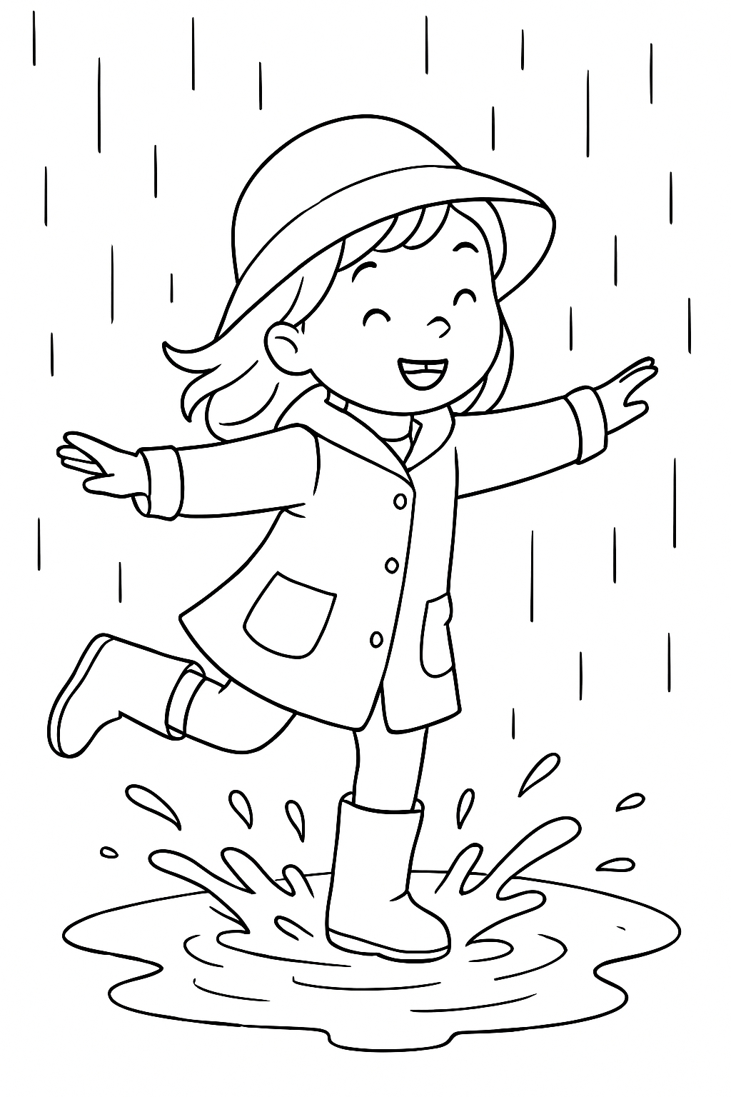 Joyful Cartoon Girl Playing in the Rain Line Drawing Coloring Book Pages