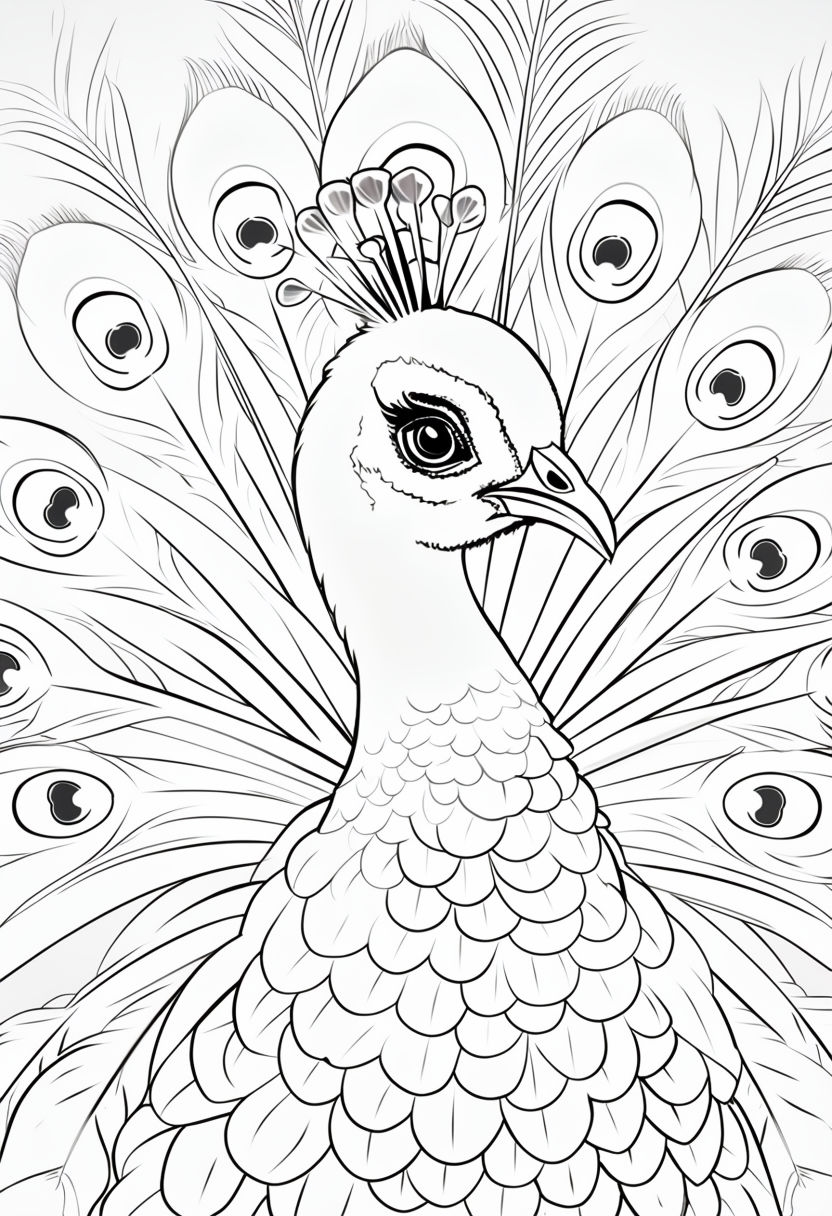 Elegant Peacock Close-Up Cartoon Coloring Book Page