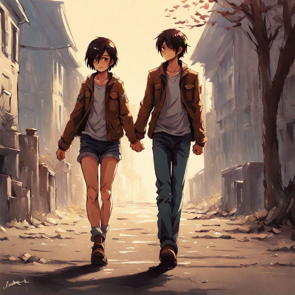 Eren Yeager with Mikasa Ackerman walking by holding hands by Alvee ...