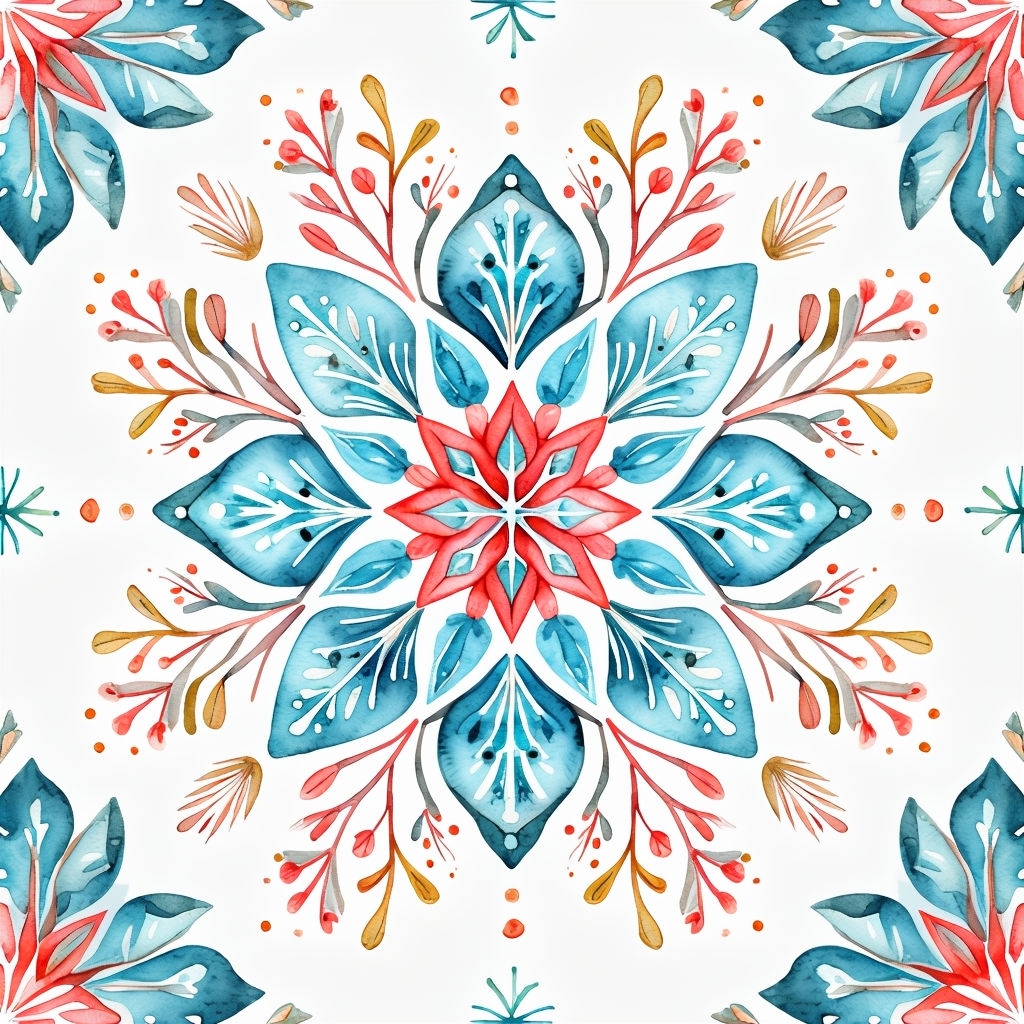 Vibrant Red Star Snowflake Mandala Watercolor Seamless Pattern