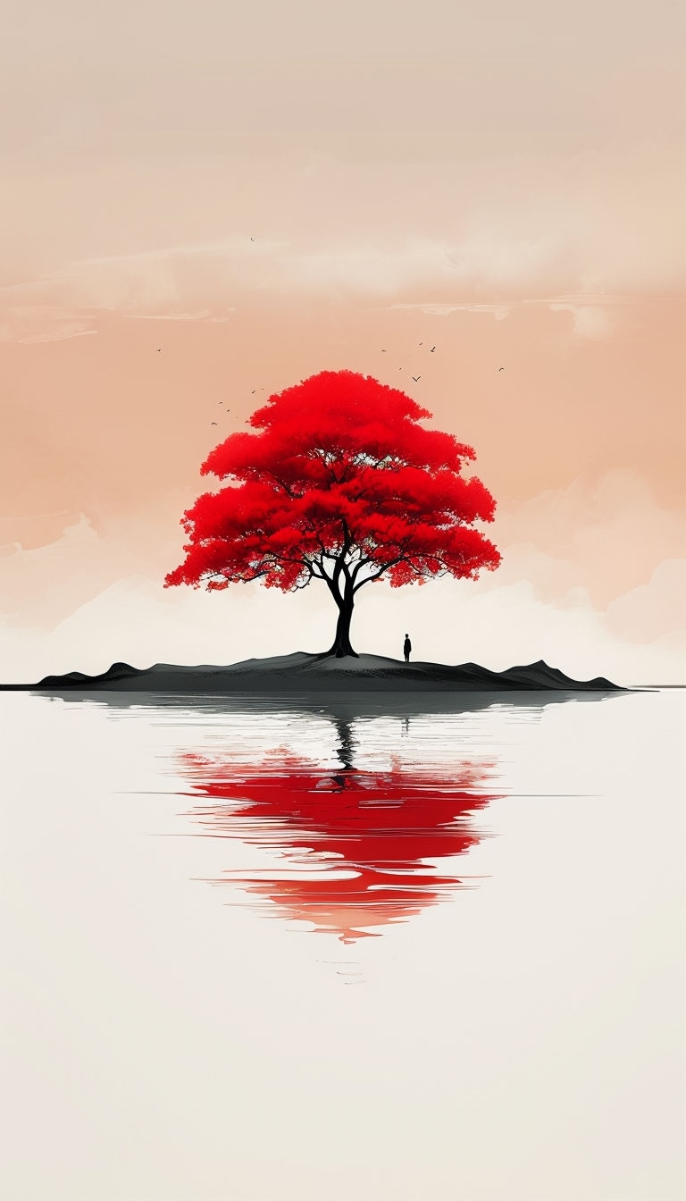 Vibrant Red Tree in Serene Landscape Minimalist Artwork Mobile Wallpaper
