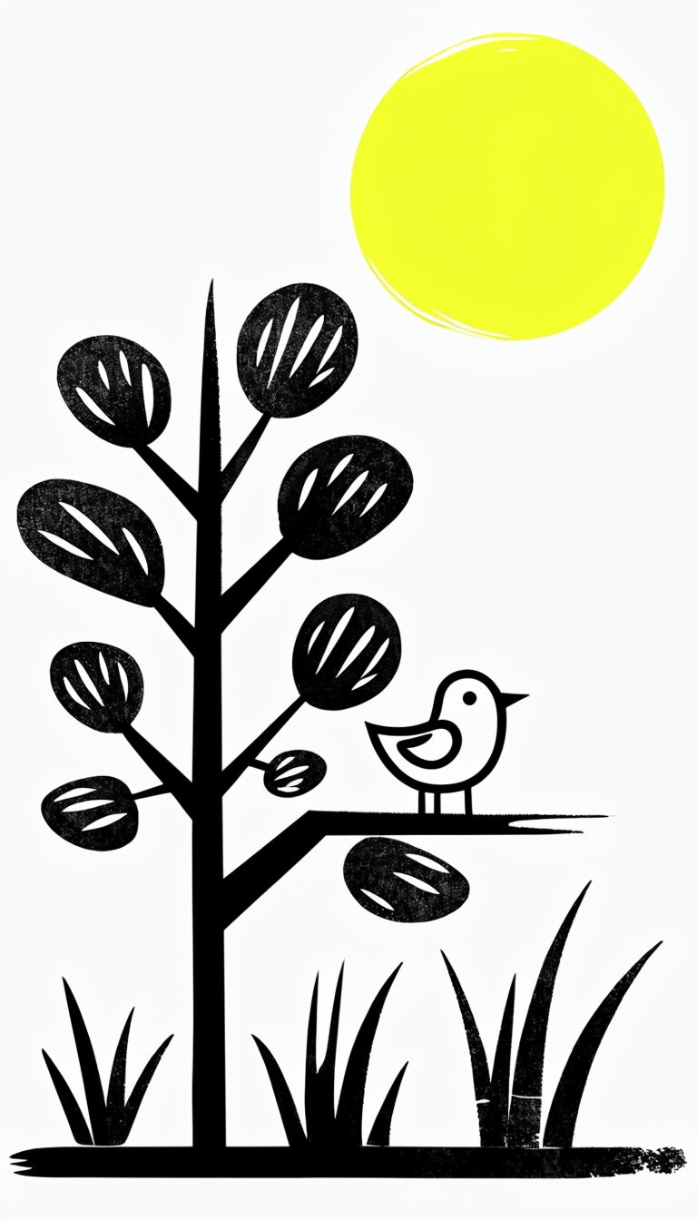 Minimalist Black and White Tree and Bird Line Art Mobile Wallpaper