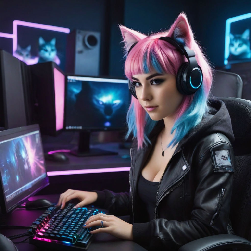 a photo of a hiperrealistic gamer girl cosplay straight into the frame