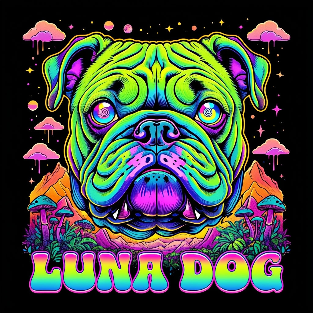 Psychedelic Bulldog Face with Colorful Elements T-Shirt