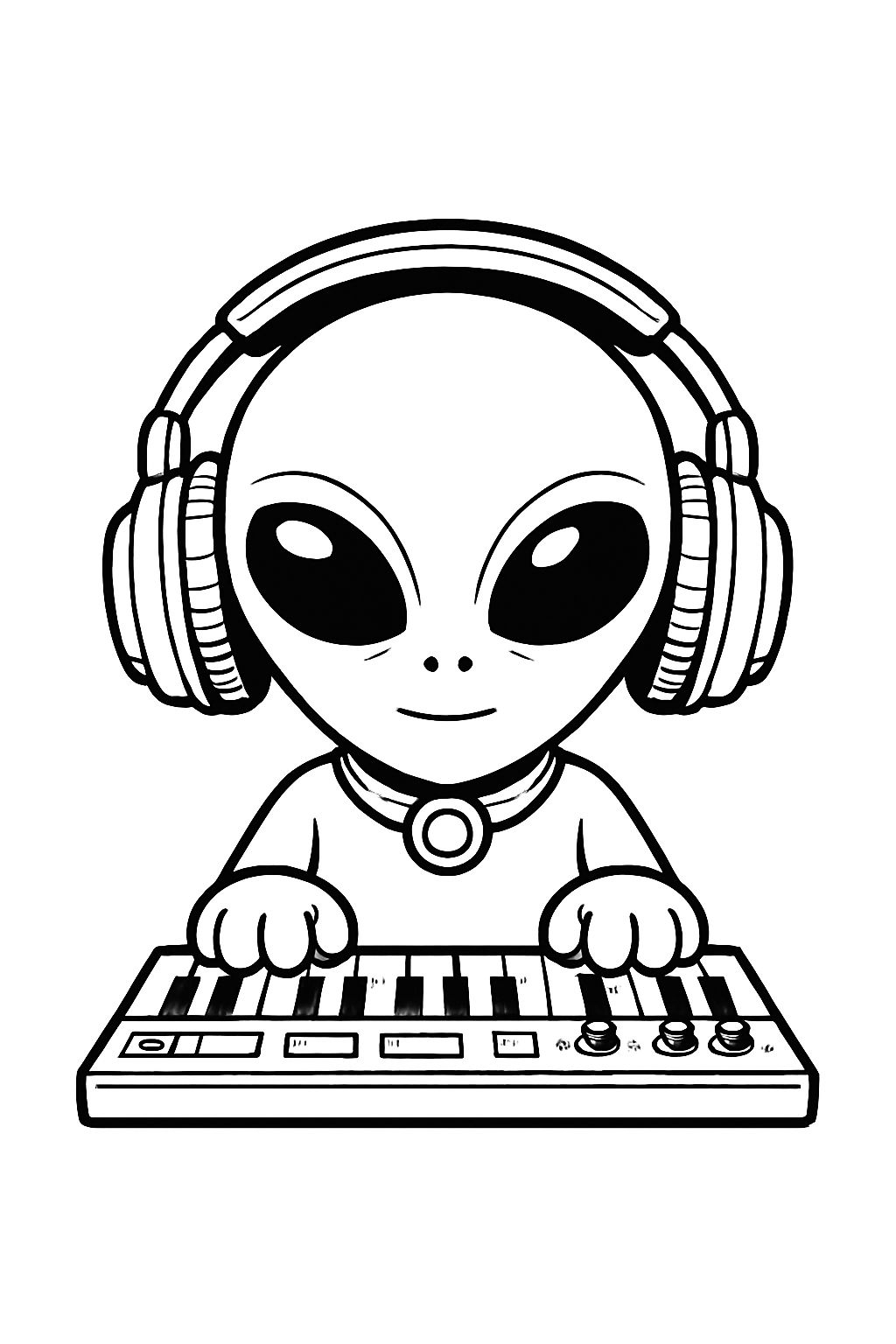 Cute Cartoon Alien with Headphones and Keyboard Coloring Page