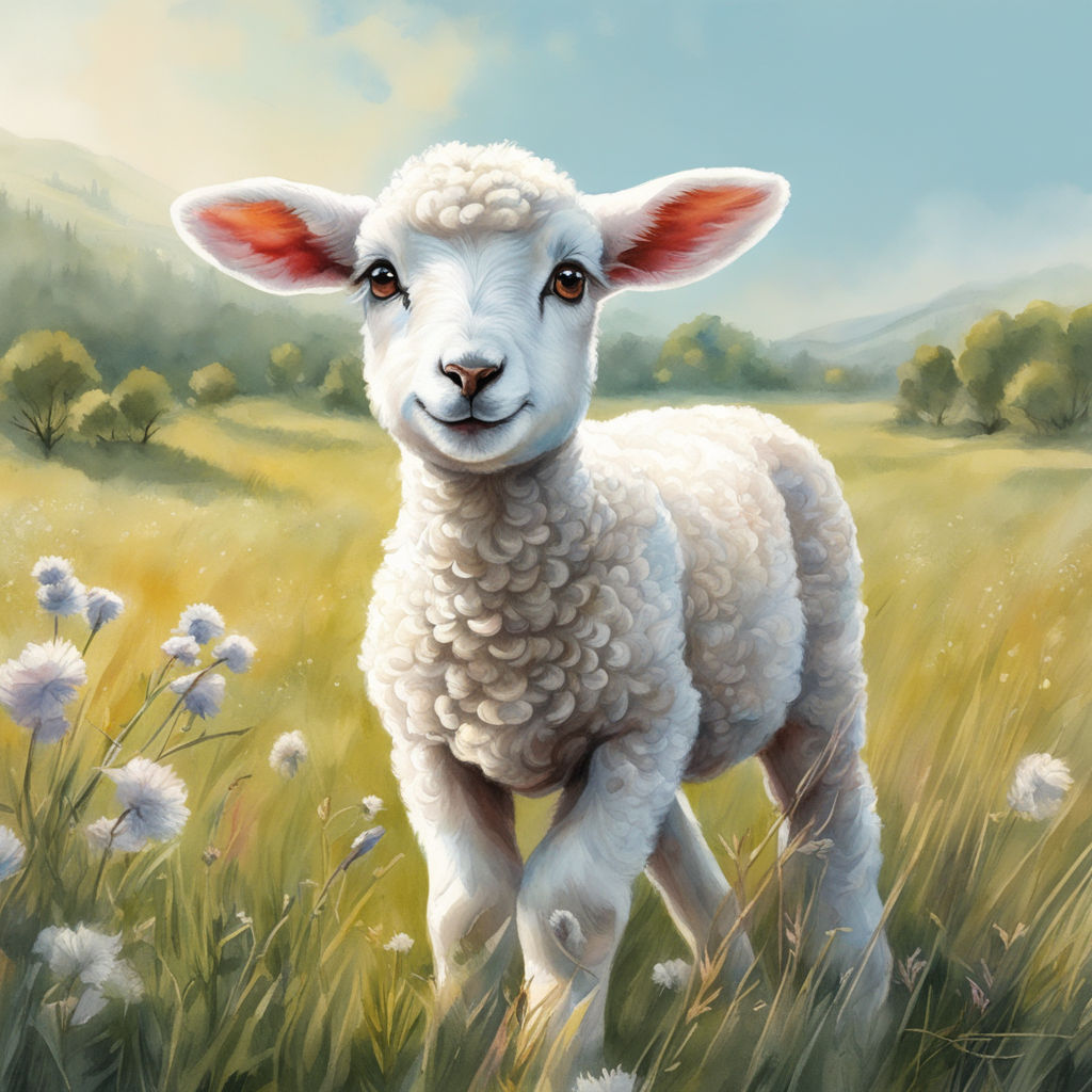 A curious lamb playing on a meadow. Use pastel colors. by Hari Sadu ...