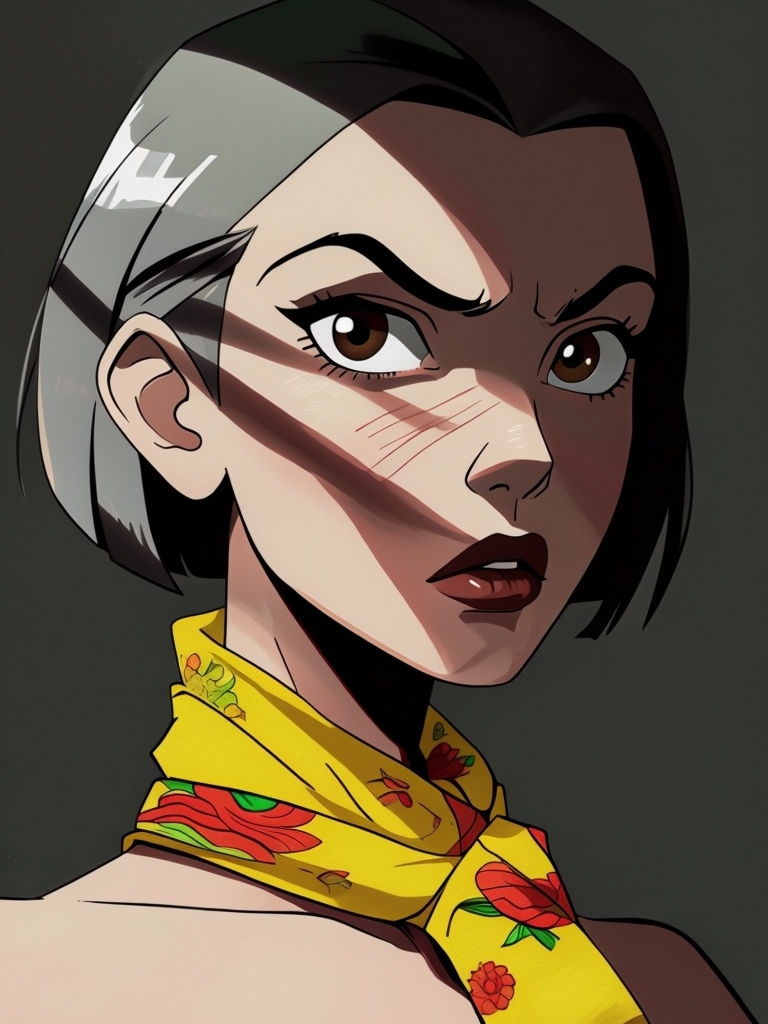 Intense Animated Female Character Close-Up Digital Art