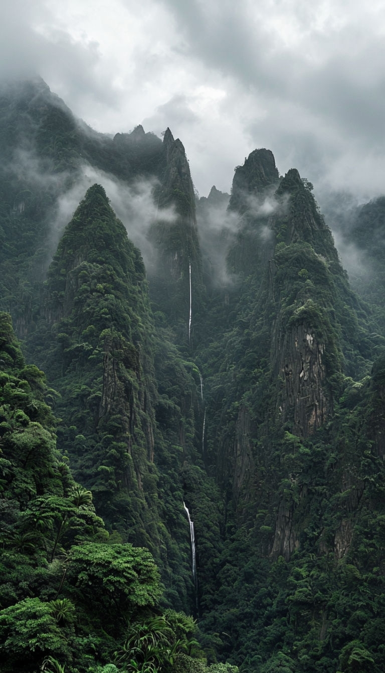 Misty Mountain Landscape with Tropical Vegetation Mobile Wallpaper